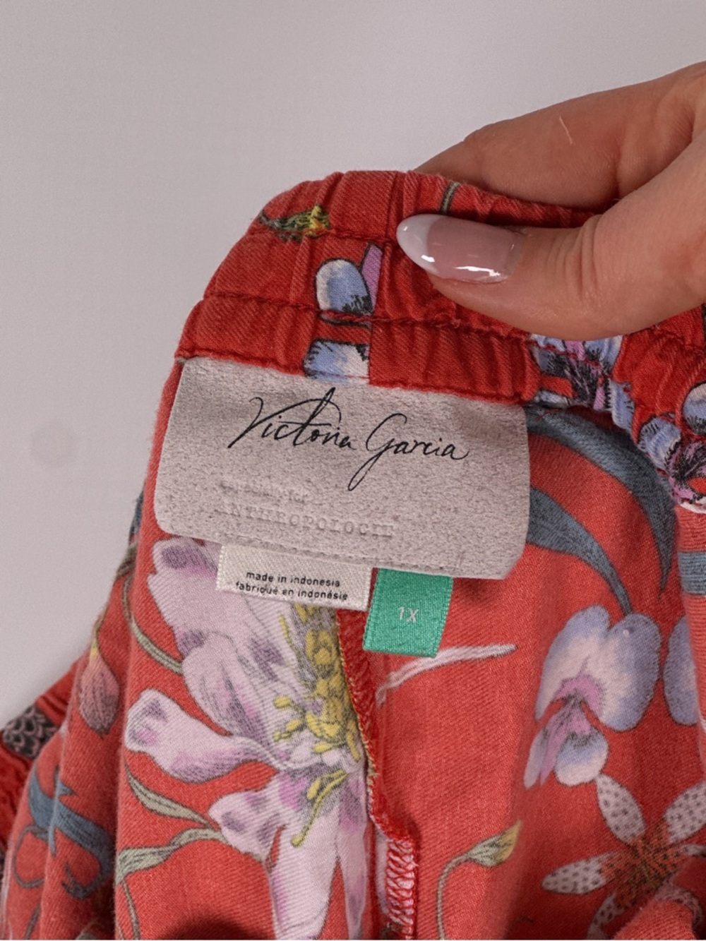 Anthropologie Victoria Garcia Pajama Set Wide Leg Floral Bird Red 1X - Picture 10 of 12